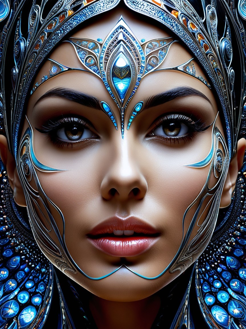 Close-up of a woman with metallic face paint and gems