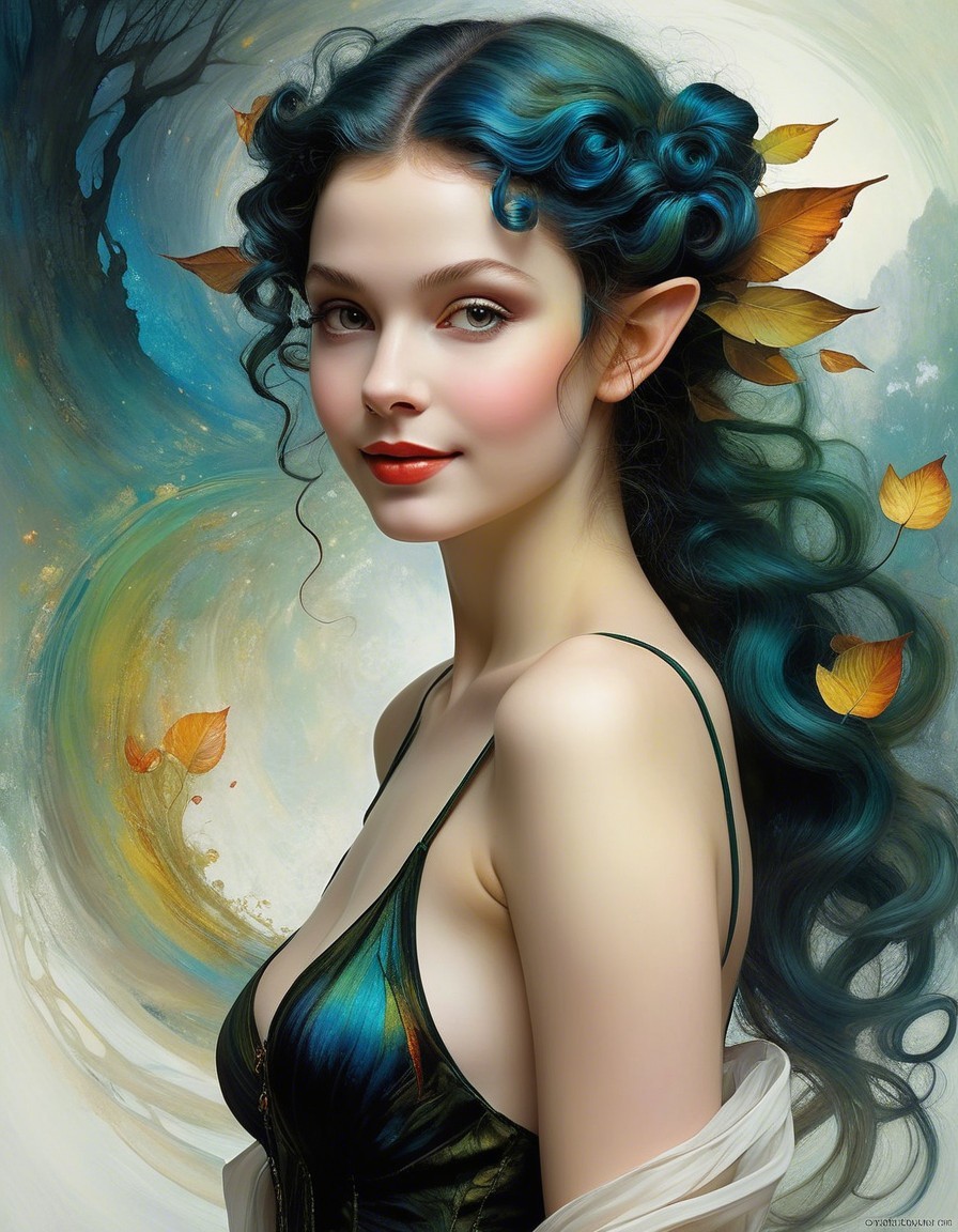 Ethereal Young Woman with Teal Hair and Autumn Leaves