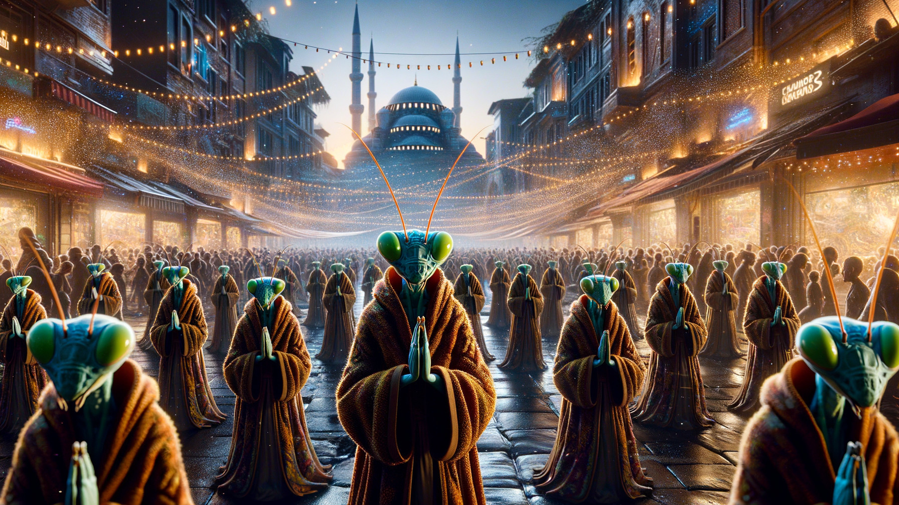 Insect-like Beings in Vibrant Marketplace at Dusk