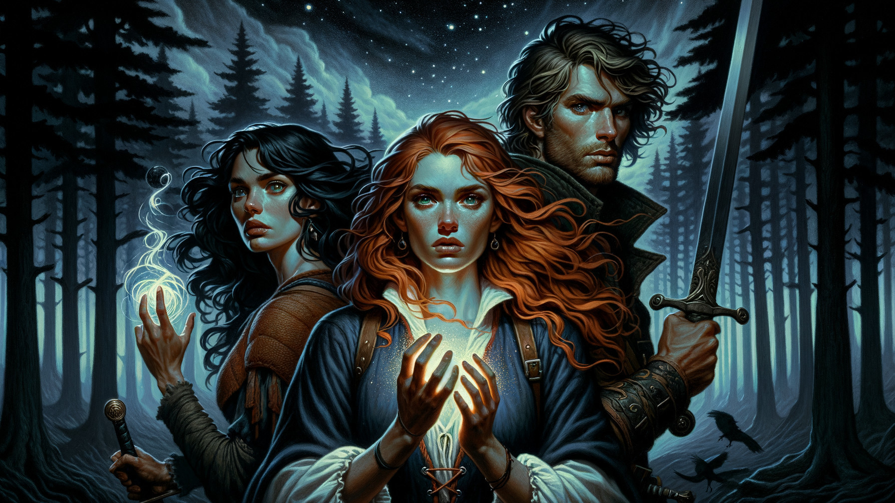Three Figures in a Mystical Forest Under Starlit Sky