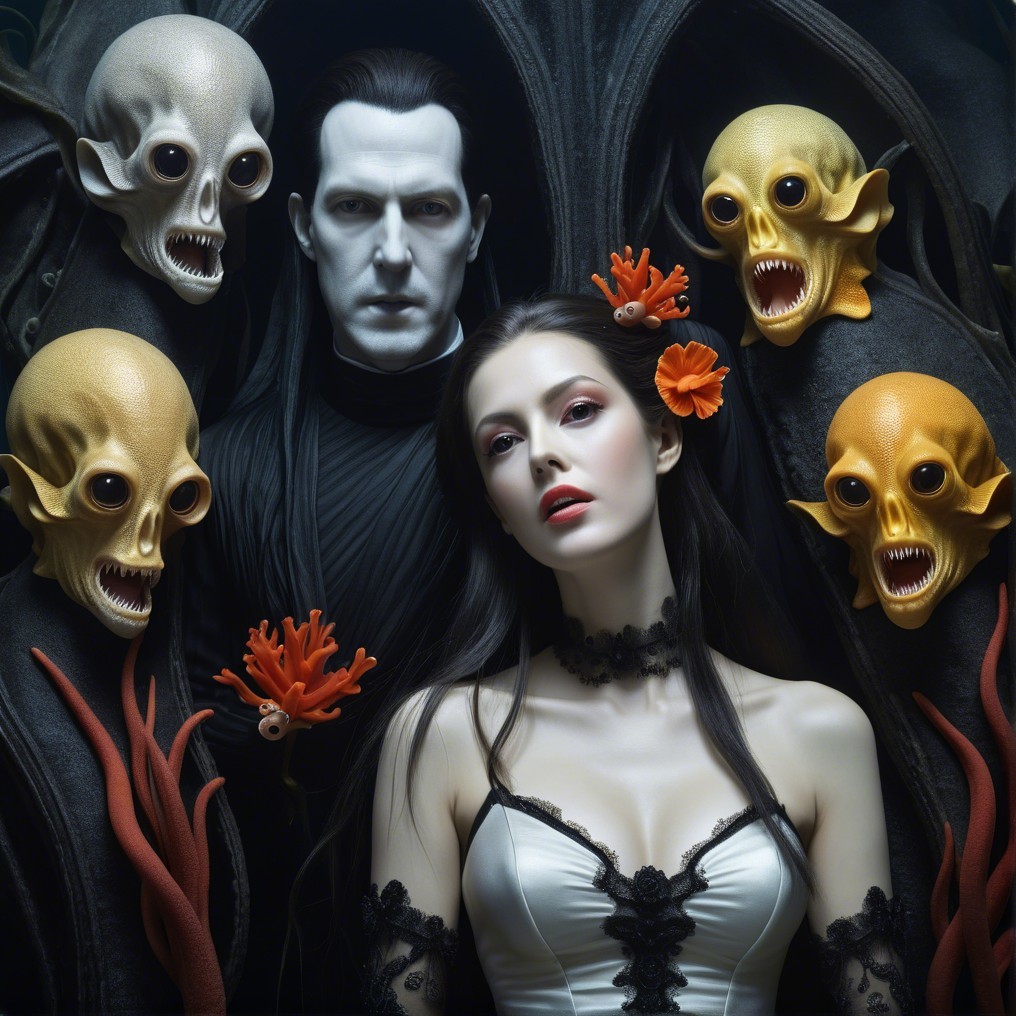 Surreal Scene with Pale Woman and Grotesque Skulls
