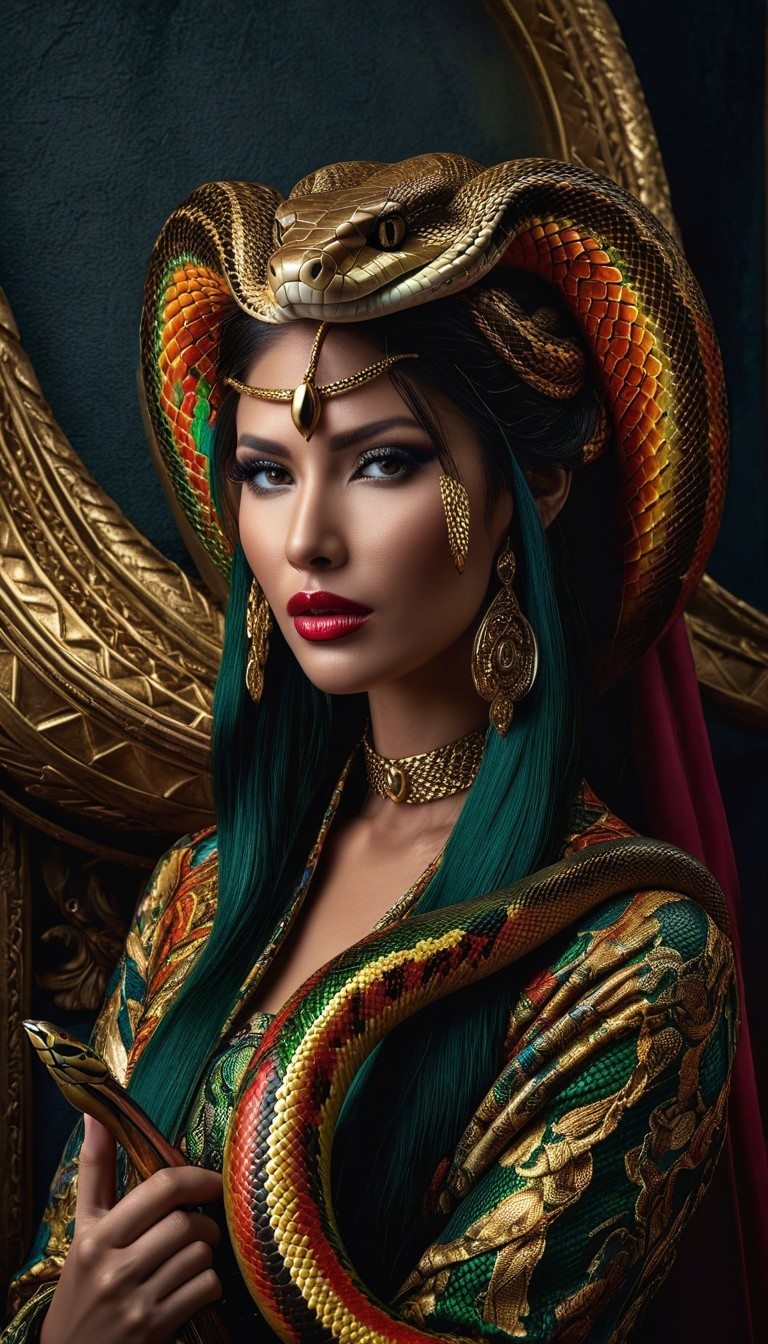 Emerald Hair Woman in Intricate Gold Outfit and Jewelry