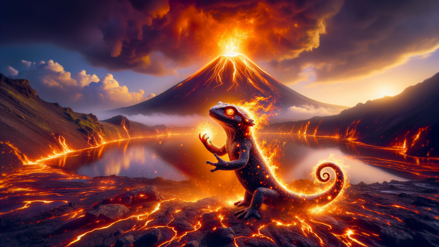 Fiery Lizard Creature Amidst Erupting Volcano Scene