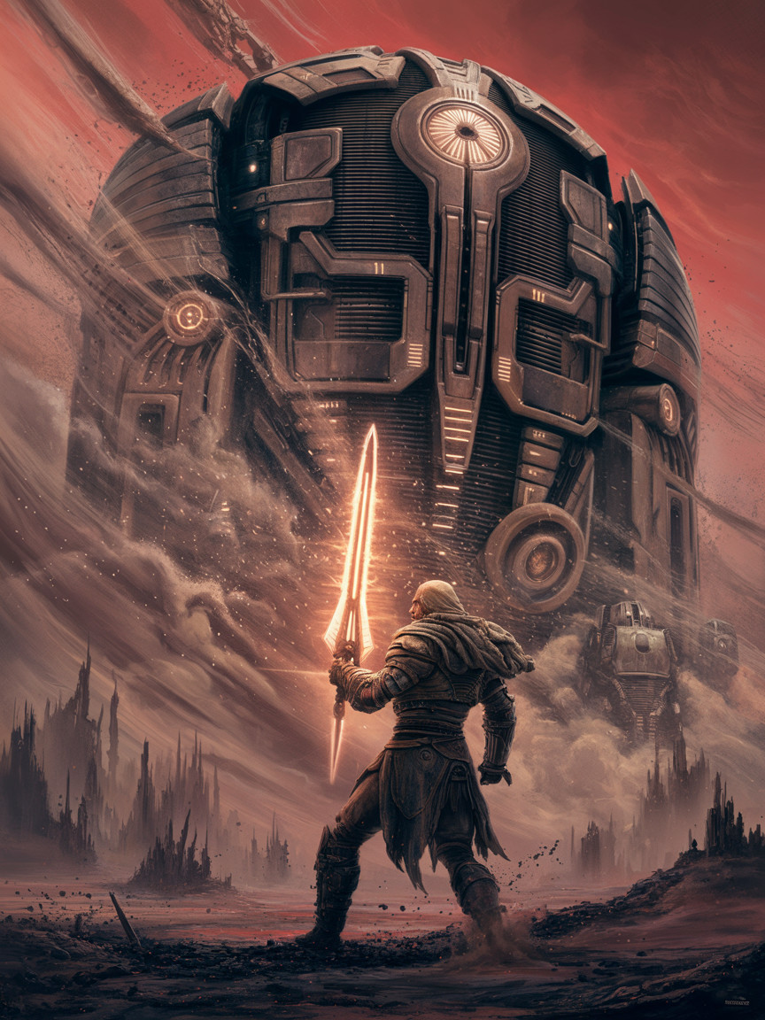 Lone Warrior with Glowing Sword in Futuristic Landscape