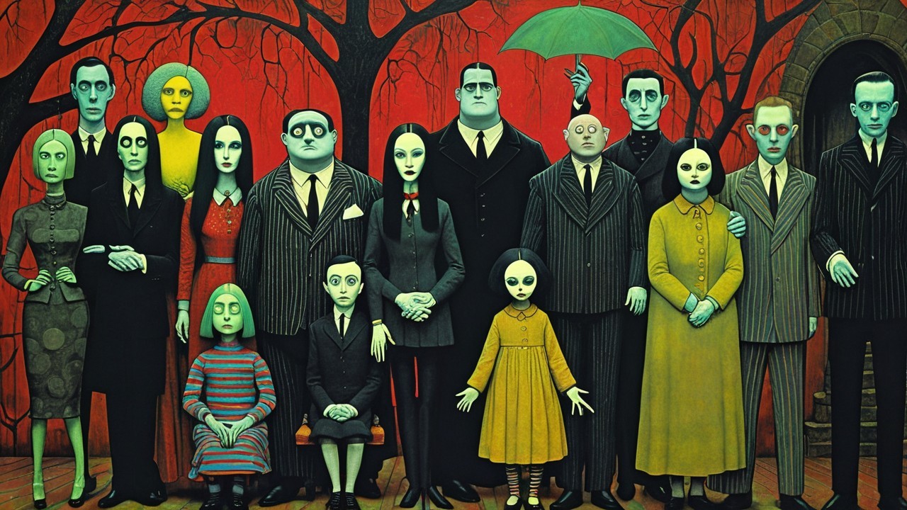 Quirky Family Portrait with Gothic Elements and Umbrella
