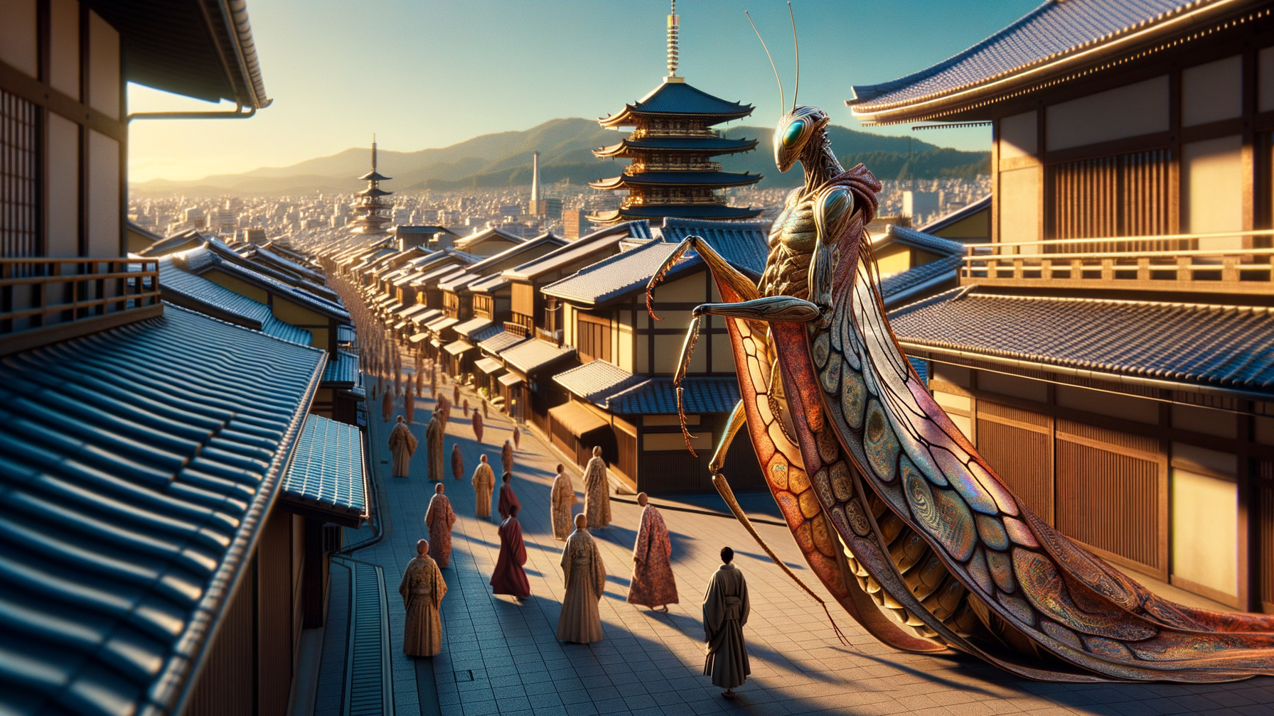 Giant Insect Creature in Traditional Japanese Town