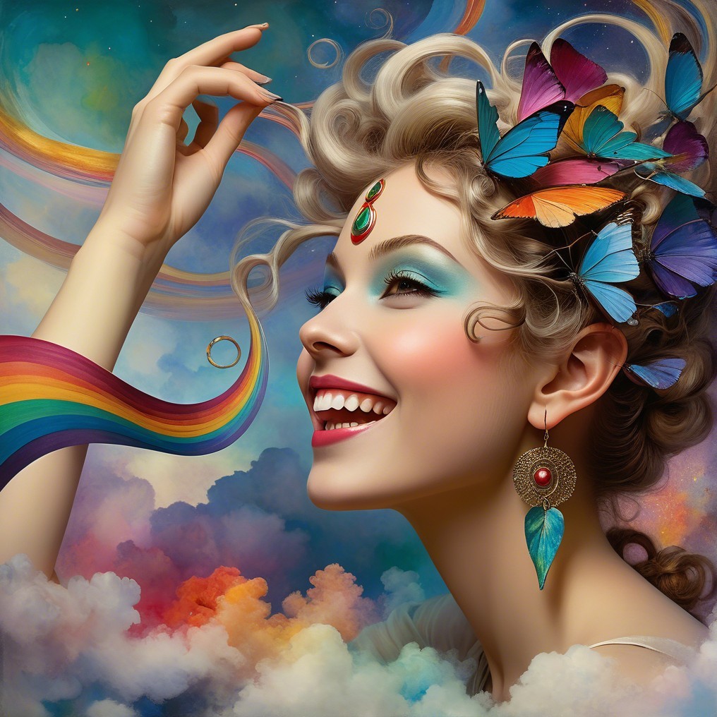 Whimsical Portrait of a Woman with Colorful Butterflies