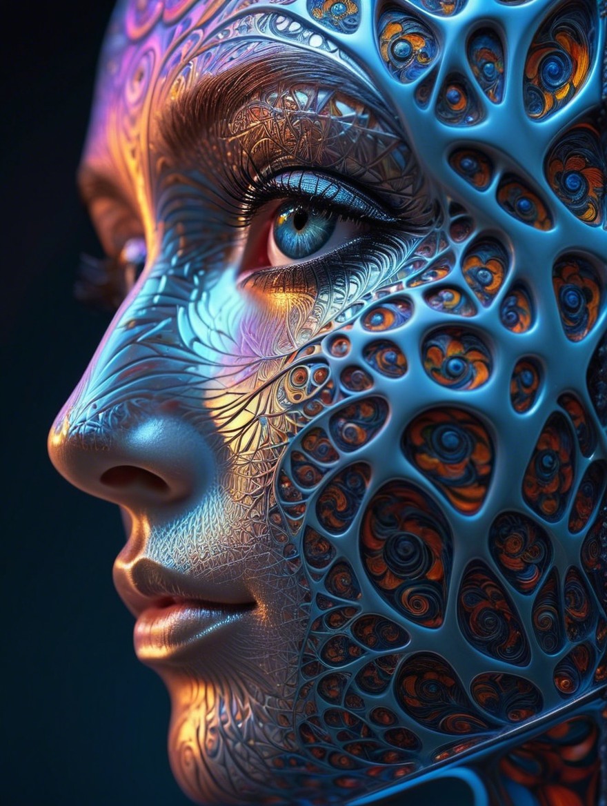 Futuristic Human Face with Organic Patterns and Colors