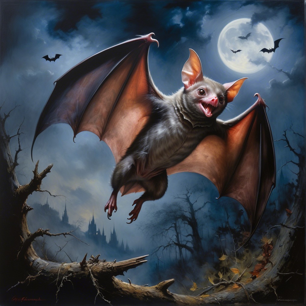 Joyful Bat Soaring in Moonlit Haunted Forest