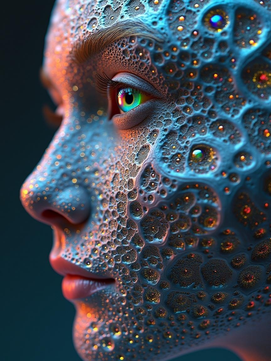 Close-Up Portrait with Iridescent Textures and Colors