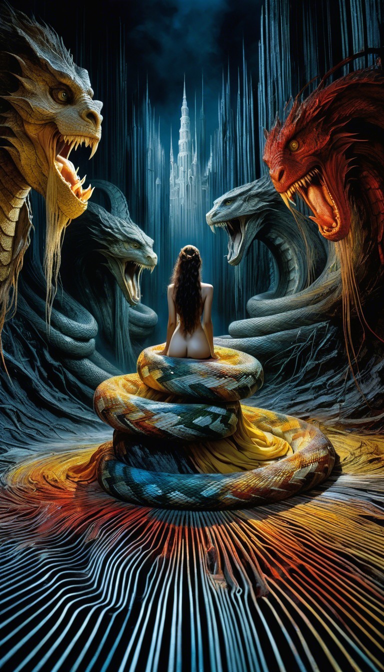 Surreal Landscape with Figure and Mystical Creatures