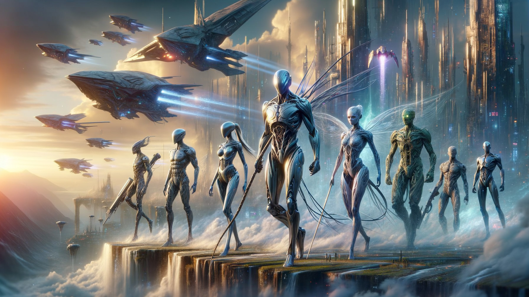 Futuristic scene with humanoid figures and spacecraft