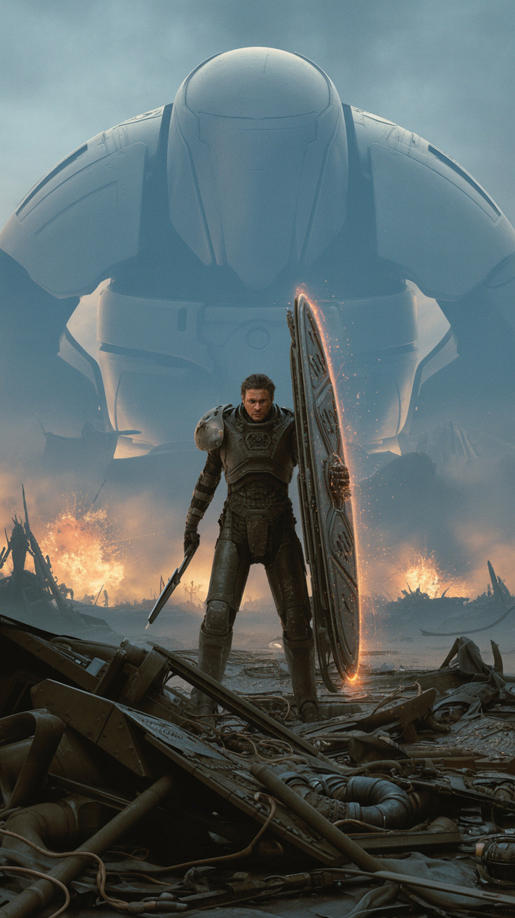 Futuristic Warrior on Desolate Battlefield with Robot