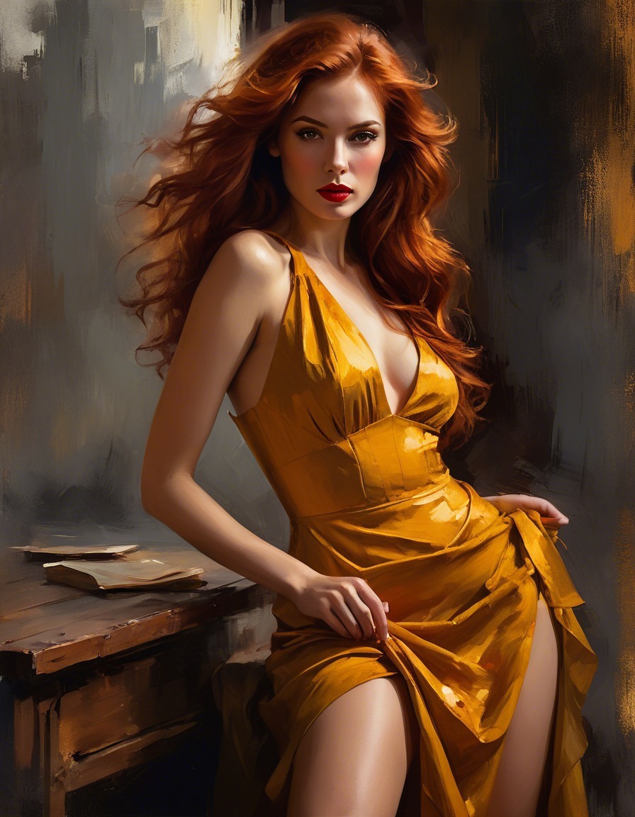 Elegant Woman in Gold Dress with Red Hair