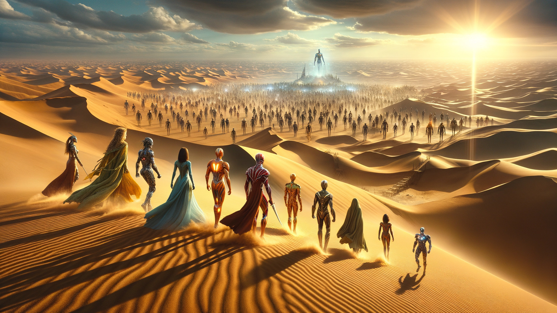 Diverse Heroes in a Vast Desert Landscape Under Sunlight