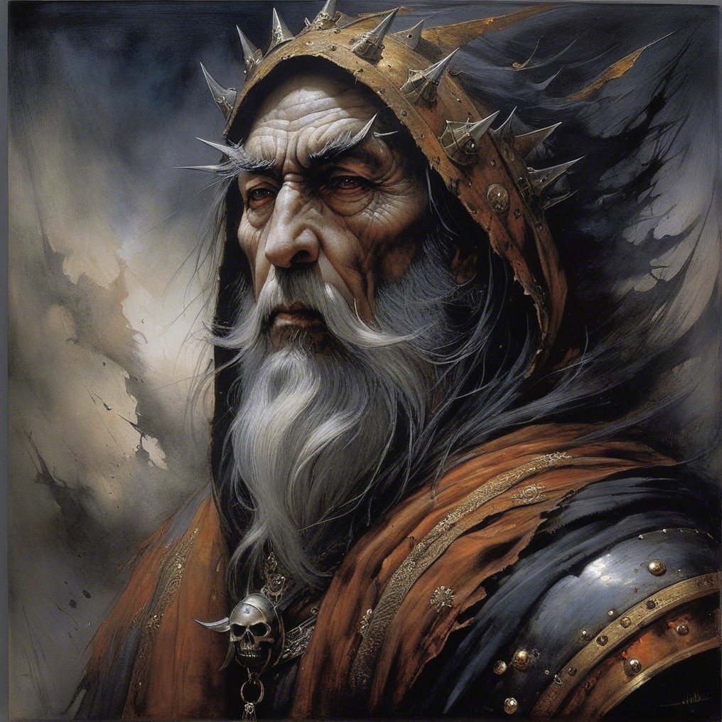 Elderly Warrior-King with Crown and Dramatic Cloak