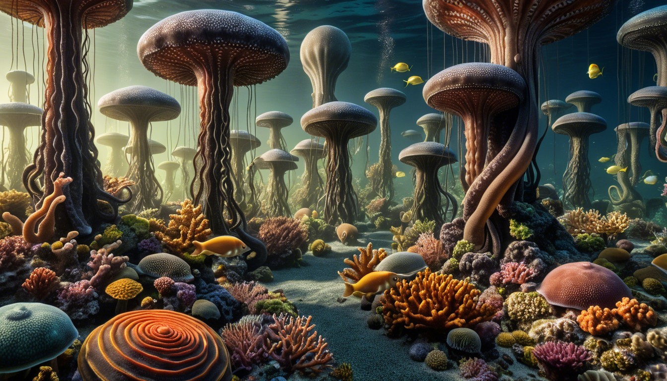 Vibrant Underwater Scene with Jellyfish and Corals