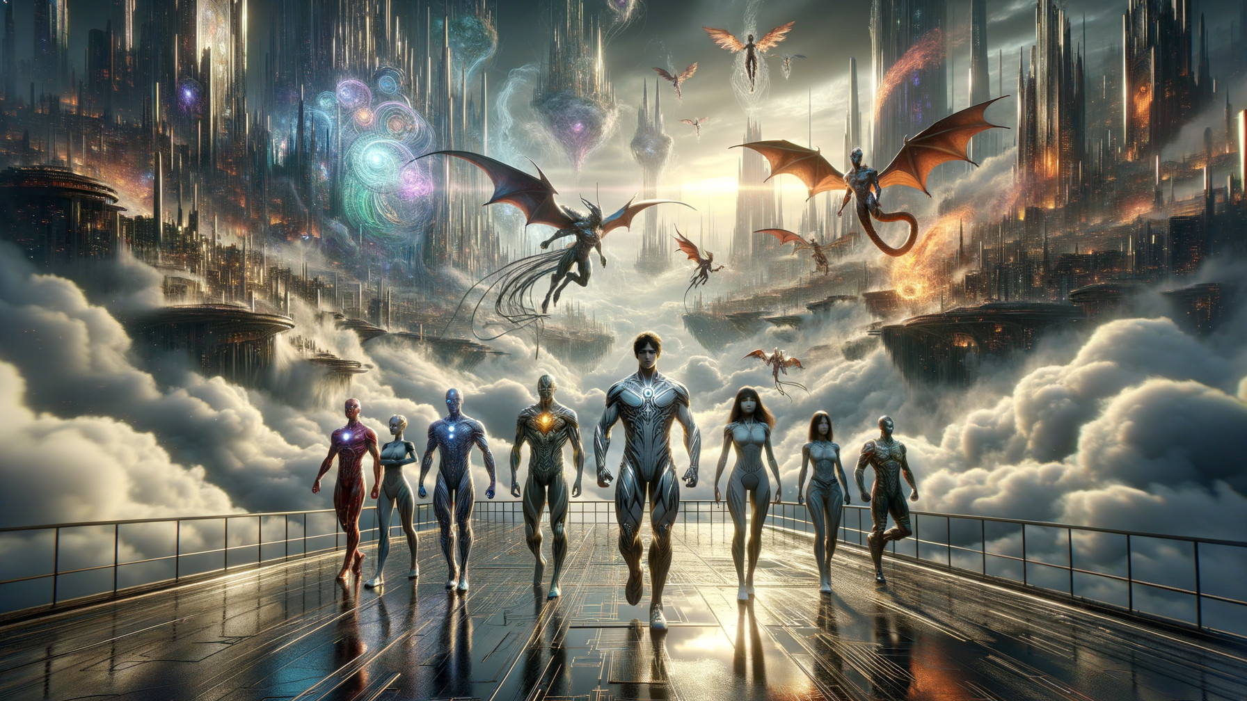 Futuristic Armored Heroes Overlooking Ethereal Cityscape