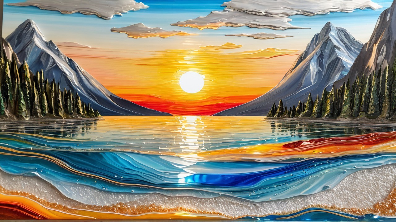 Vibrant sunset landscape over a tranquil lake