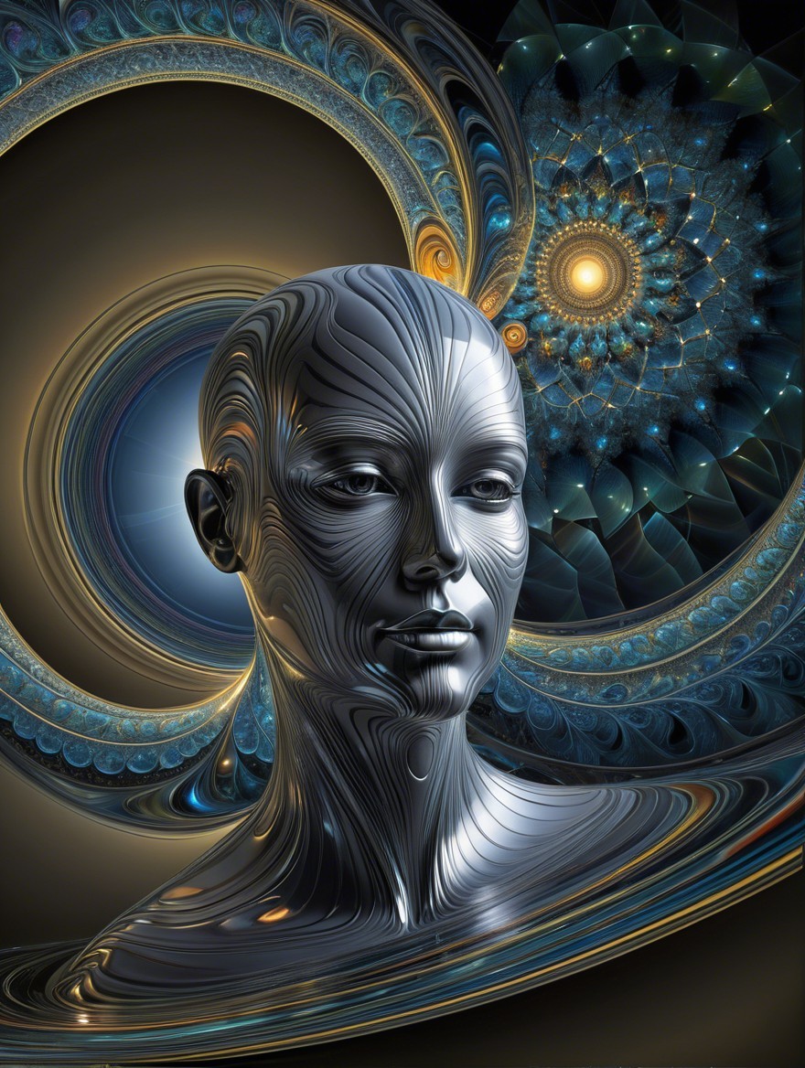 Surreal Humanoid Figure with Metallic Patterns and Light