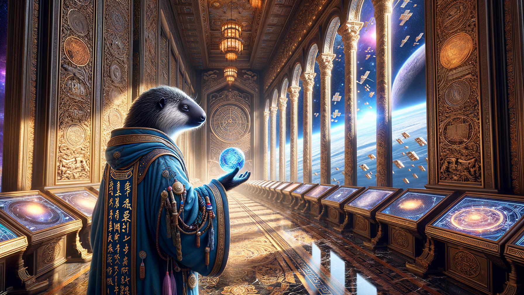 Humanoid Animal in Ornate Robe in Cosmic Hall