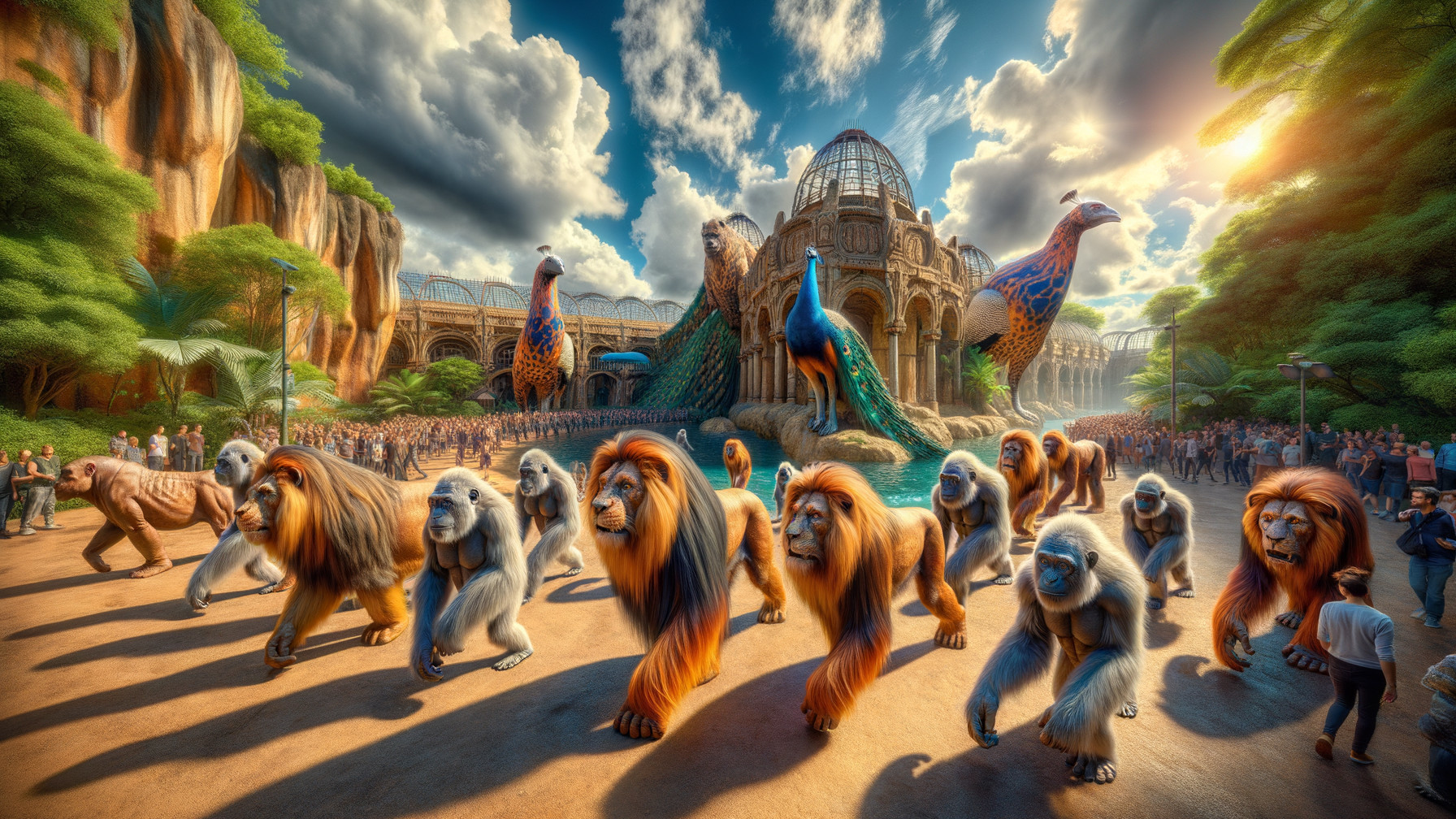 Vibrant Zoo Scene with Lions and Gorillas in Sunlight