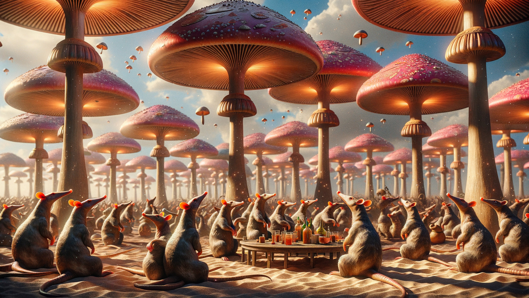 Whimsical Landscape of Colorful Mushrooms and Mice
