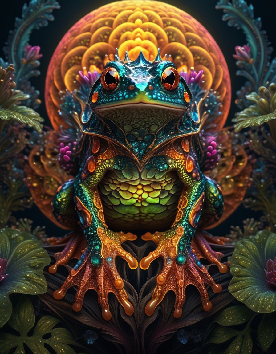 Vivid Frog Surrounded by Colorful Patterns and Foliage