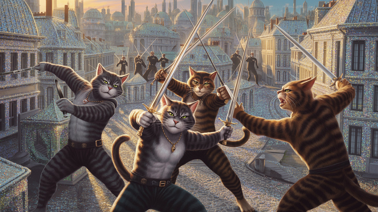 Feline Warriors in Sword Fight Amid Cityscape