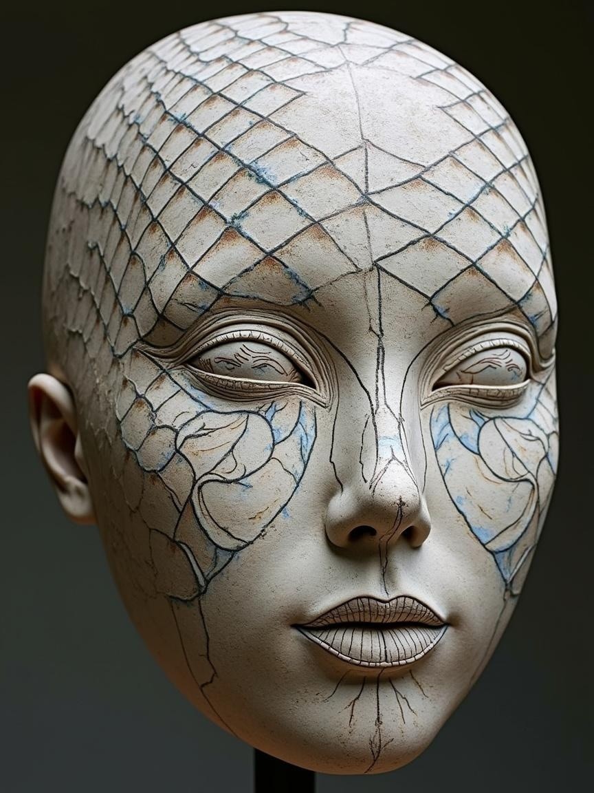 Stylized Sculpture of a Human Face with Patterns