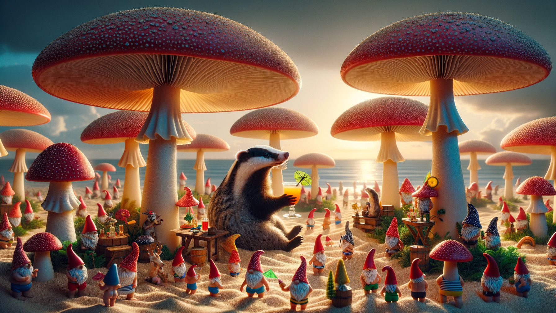 Whimsical Landscape with Badger and Gnomes Amid Mushrooms