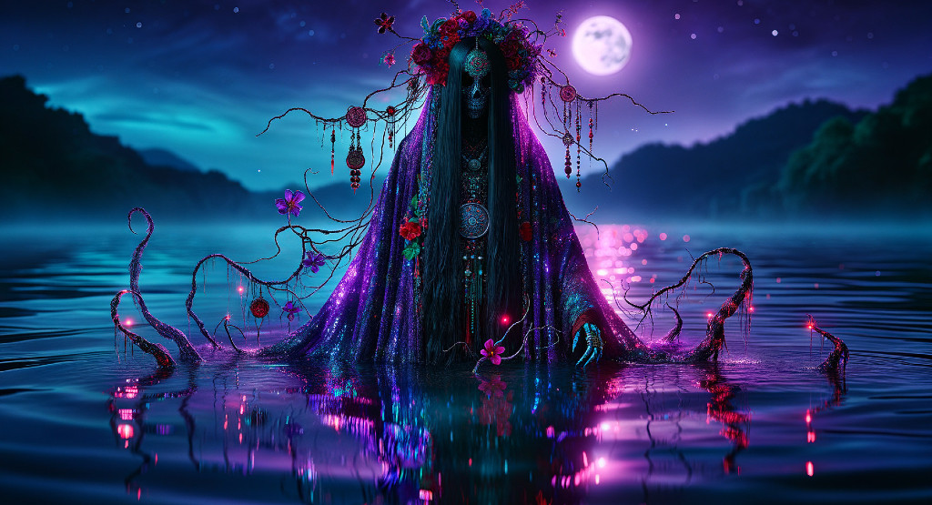 Mystical Tentacled Creature in Nighttime Water Scene