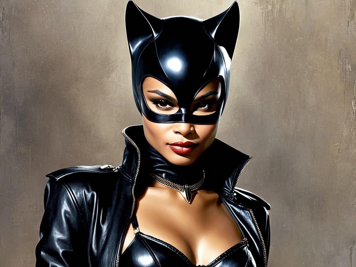 Character in Black Costume with Cat Ears and Mask