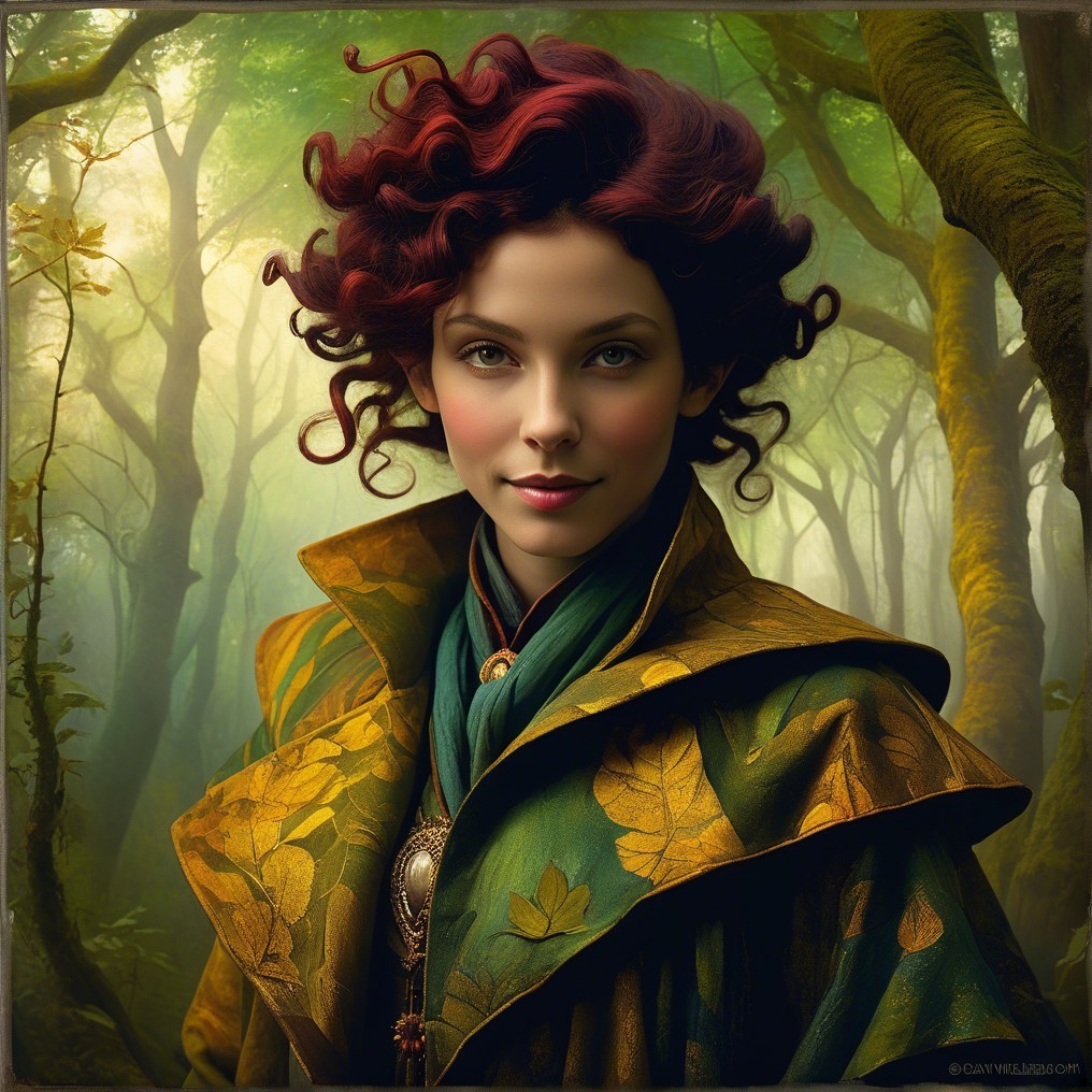 Young woman in ornate cloak in misty forest setting
