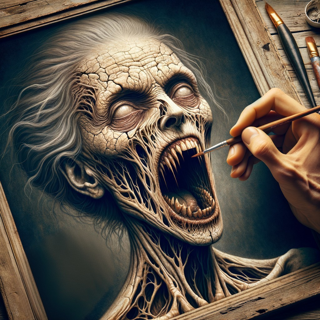 Detailed Artwork of a Skeletal Figure in Distress