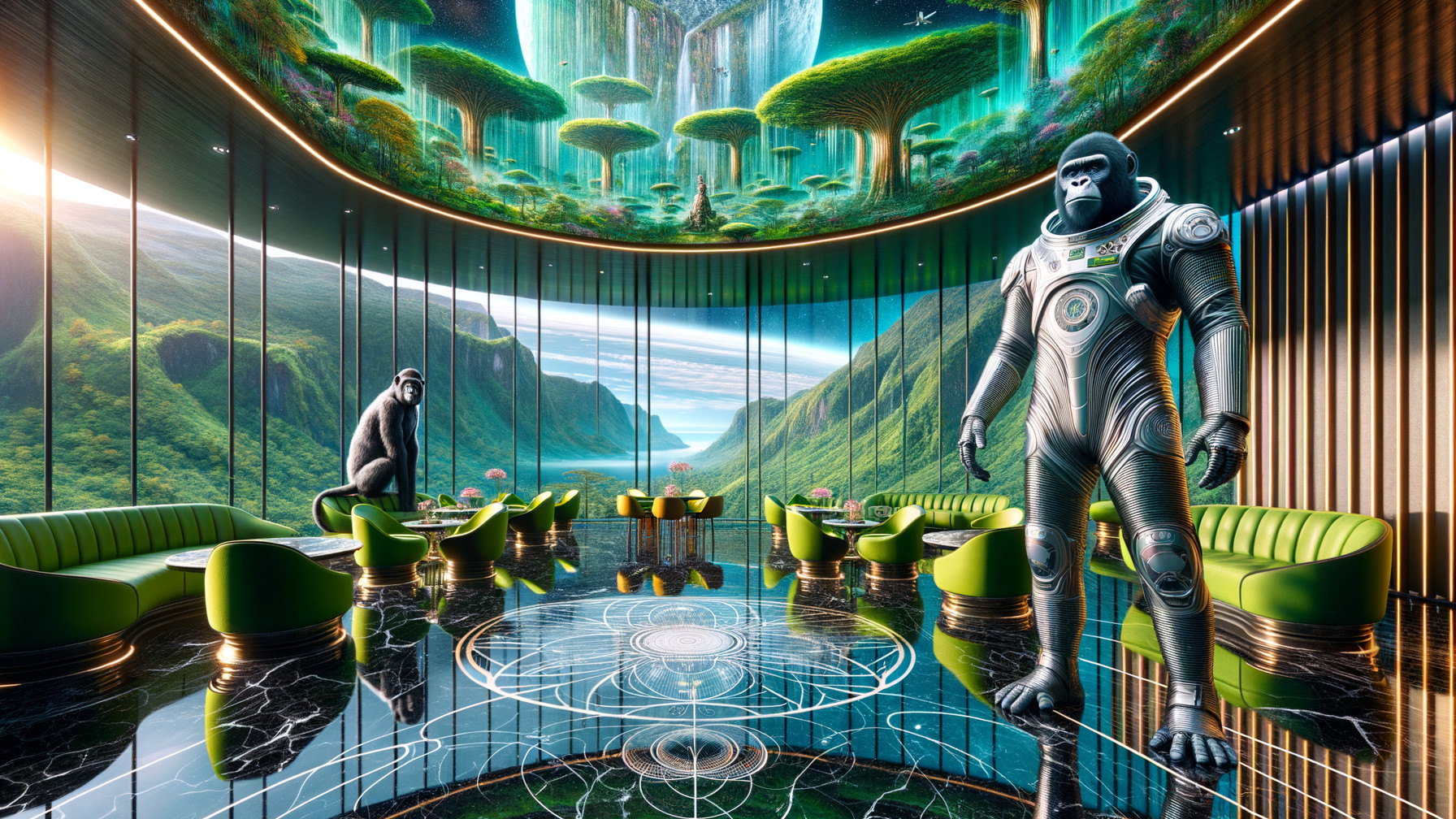 Futuristic Lounge with Gorillas and Vibrant Mountains