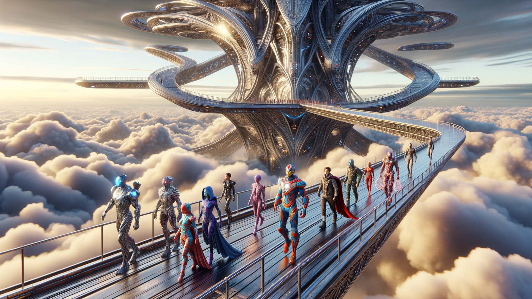 Futuristic heroes on a sleek pathway among clouds
