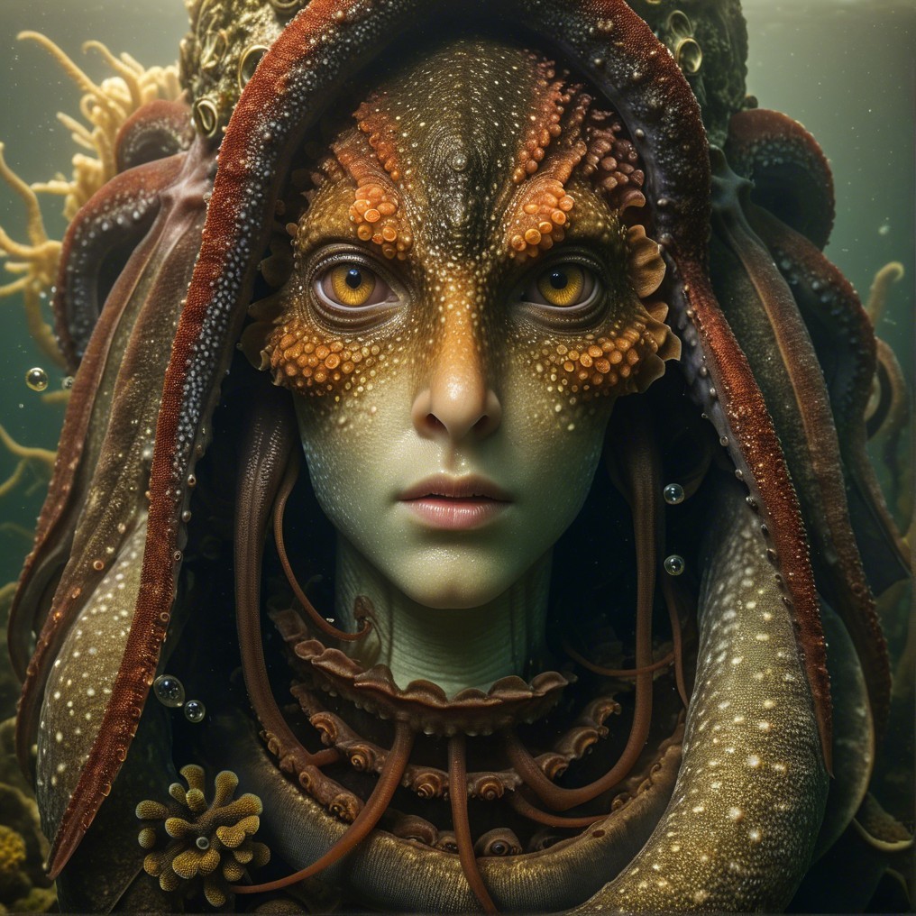 Mythical creature with tentacle features in underwater setting
