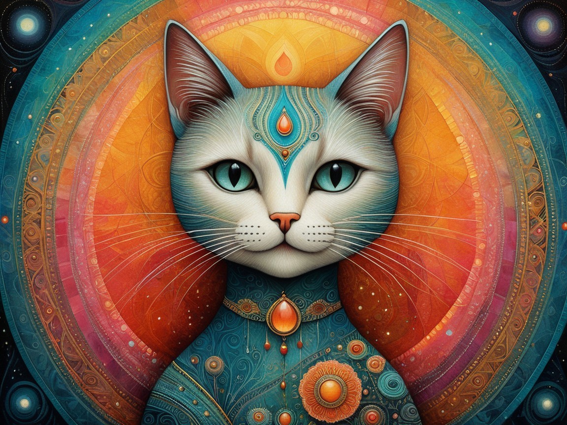 Whimsical Cat Illustration with Teal Eyes and Patterns
