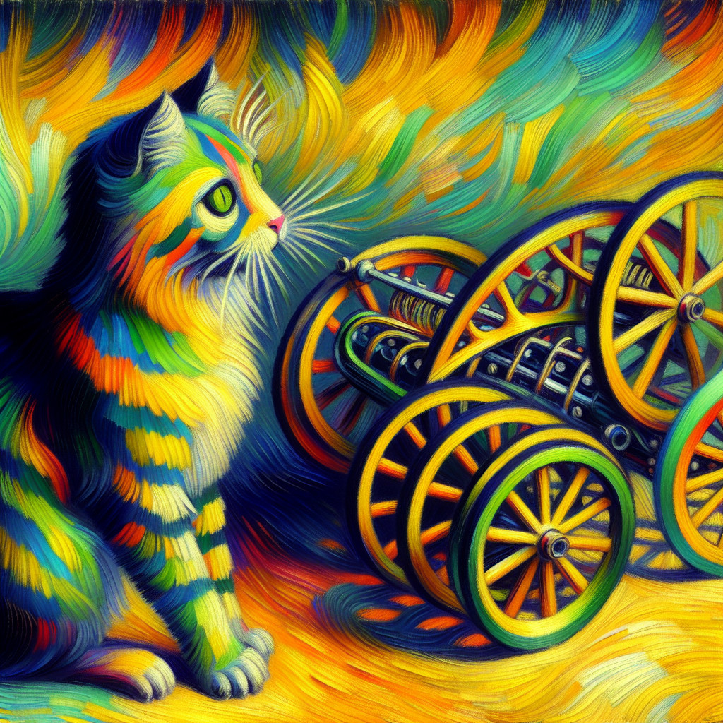 Colorful Cat Next to Whimsical Artistic Cart Design
