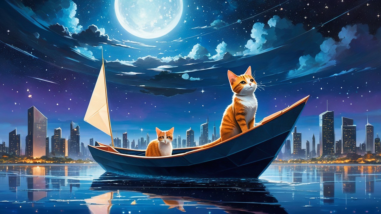 Orange tabby cats in a boat under a full moon