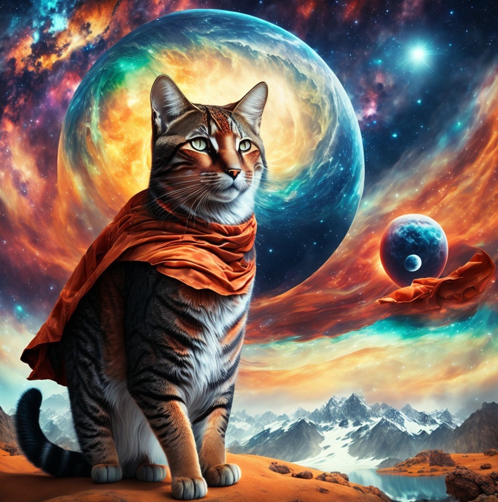 Majestic Tabby Cat in Cosmic Landscape Setting
