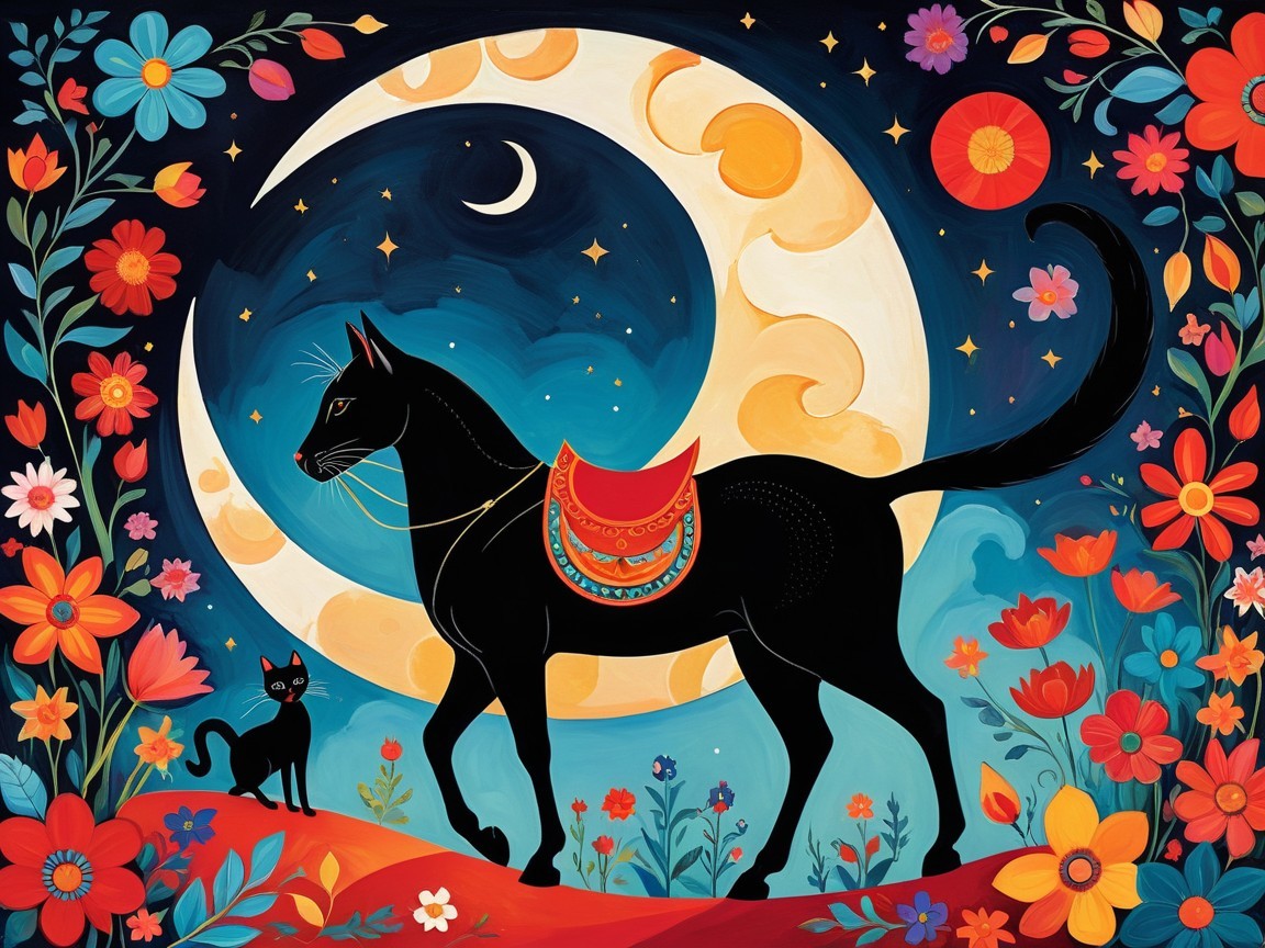 Black Cat with Saddle Under Crescent Moon and Stars