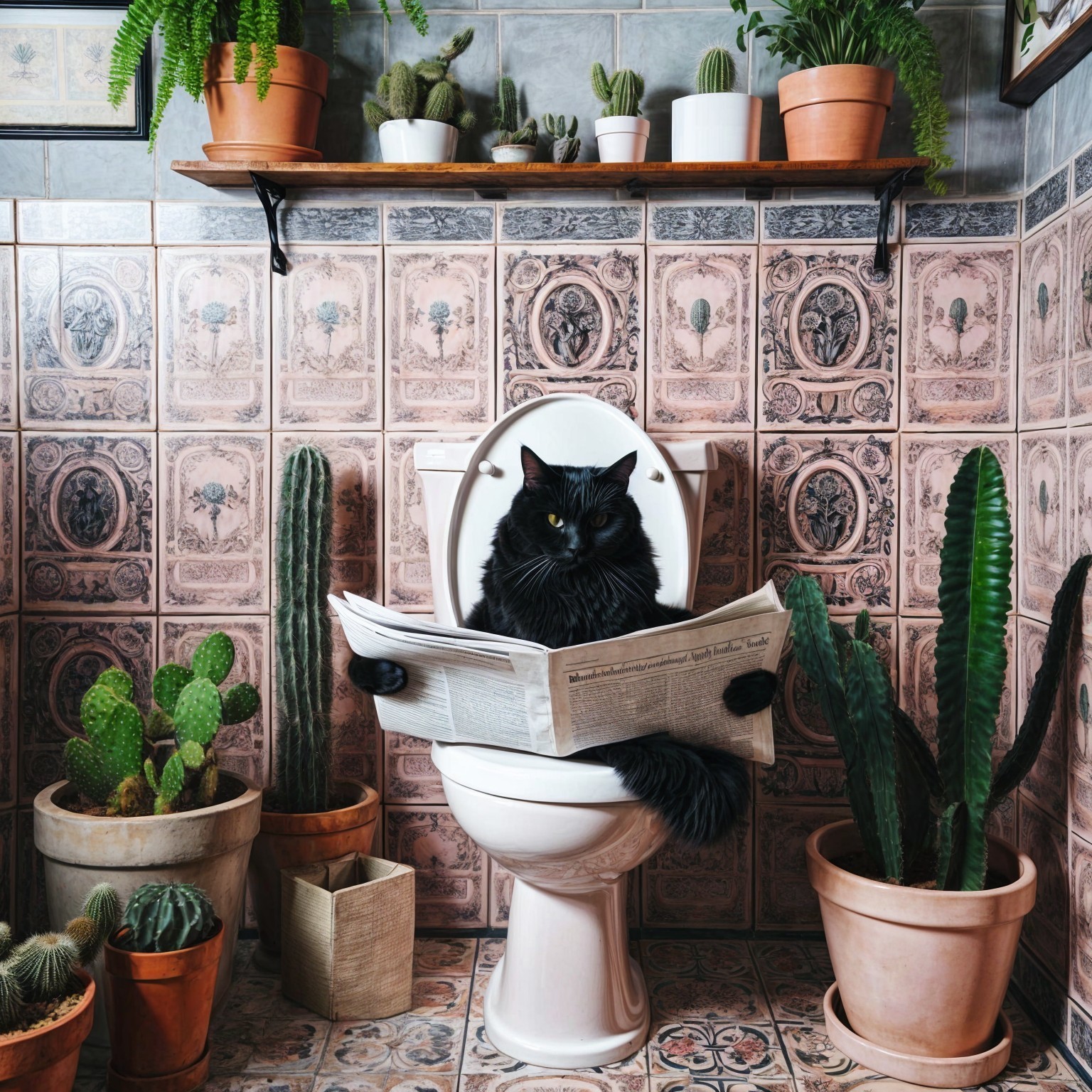 Black Cat Reading Newspaper in Whimsical Bathroom Setting