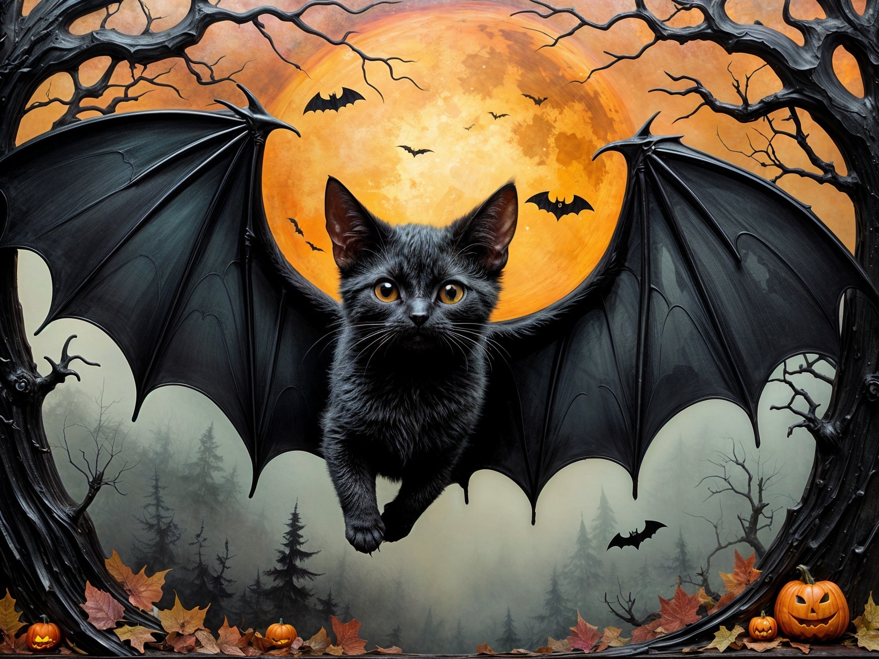 Whimsical Black Kitten with Bat Wings at Full Moon