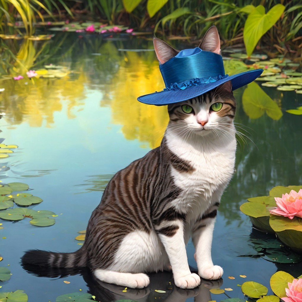 Stylish Tabby Cat by Serene Pond with Lily Pads