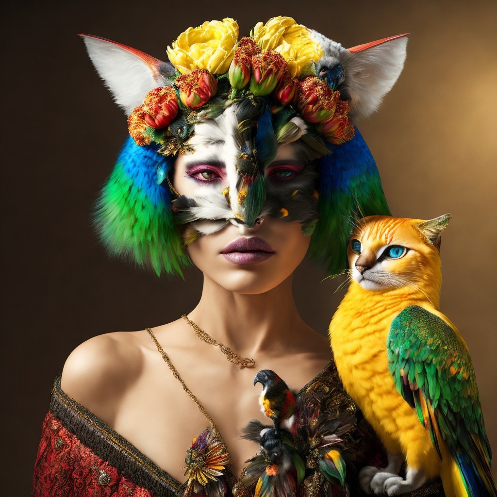 Portrait of a person with a floral and animal mask