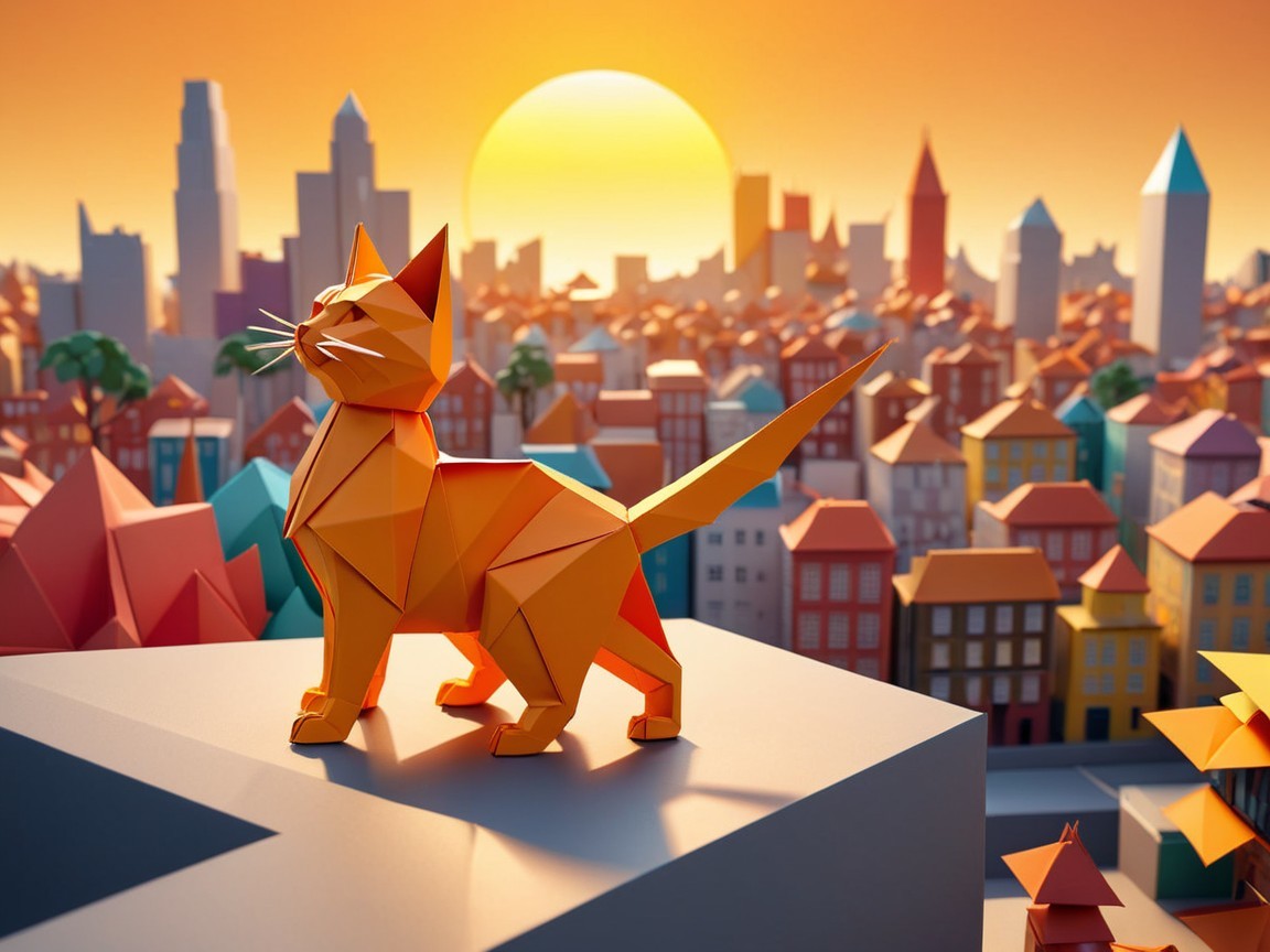 Origami Cat Overlooking Colorful Cityscape at Sunset