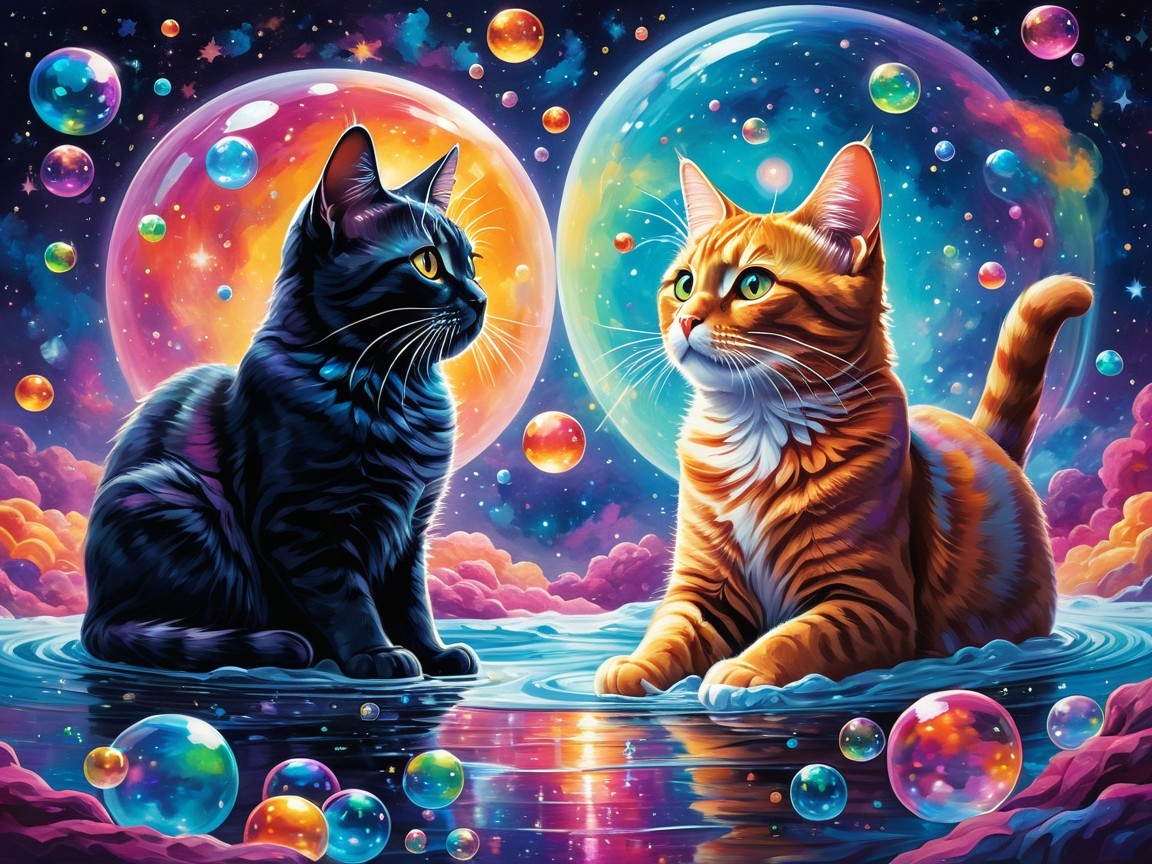Vivid Cats on Reflective Surface with Cosmic Background
