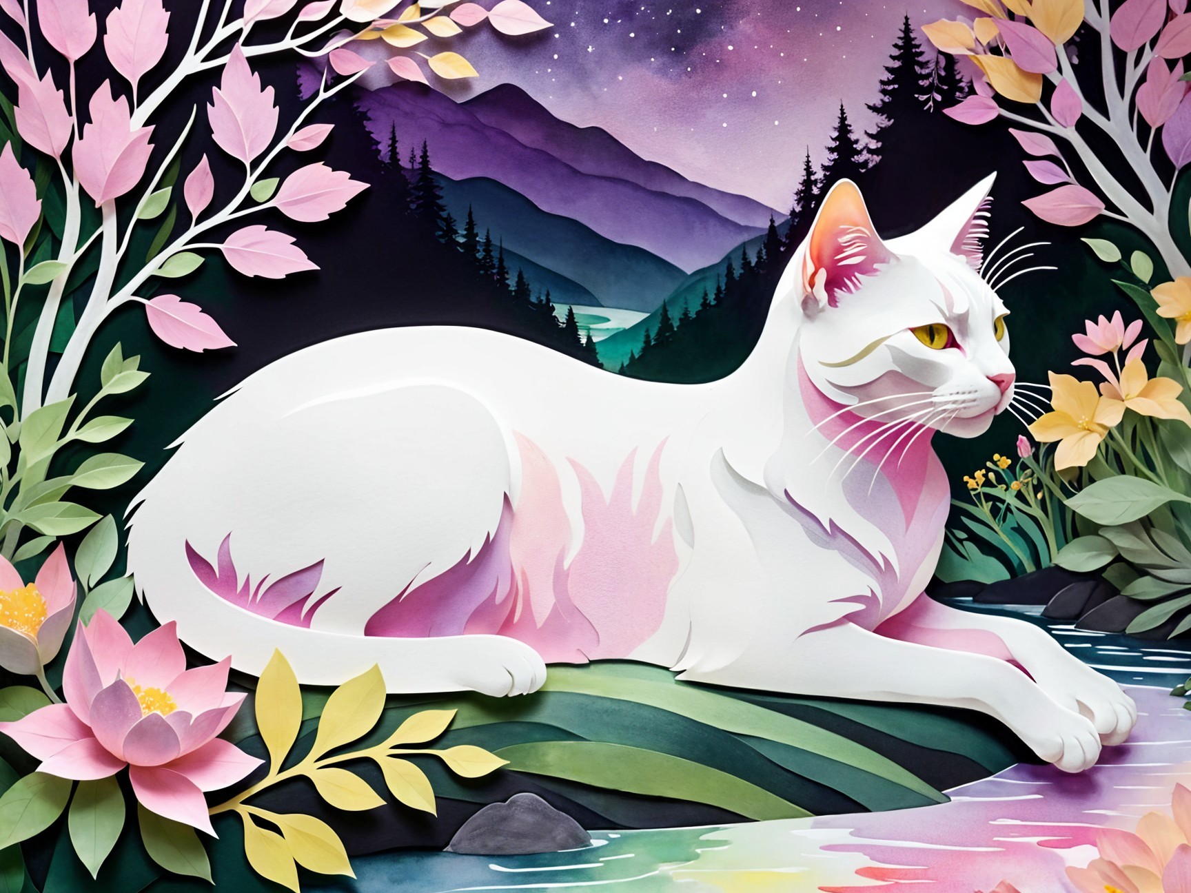 White Cat Amidst Flowers and Mountains at Night